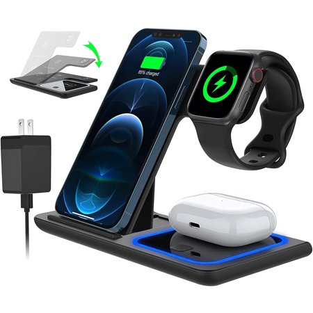 3 in 1 Wireless Charger, Qi-Certified Fast Charger Pad Stand Charging Station Dock for iWatch Series SE 6/5/4/3 Airpods for iPhone 13/12 /11/Pro Max/12 Mini /XR Max 8 Plus (With QC3.0 Adapter)