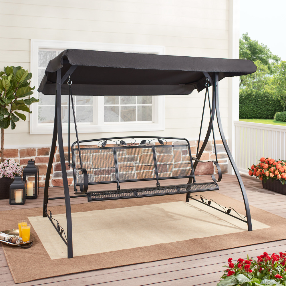 3 Person Steel Porch Swing With Canopy Outdoor Seat Patio Hanging Bench Black