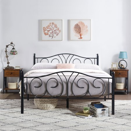 3-Piece Bedroom Sets, Queen Size Metal Bed Frame and 2 Brown Nightstands