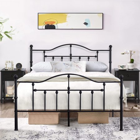 3 Piece Queen Size Bedroom Sets Black Metal Bed Frame and 2 Black Nightstands