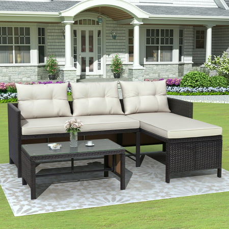 3 Pieces Patio Furniture Sectional Set, Outdoor Furniture Set with Two-Seater Sofa, Lounge Sofa, Table & Cushion, PE Rattan Wicker Bistro Set, Conversation Set for Garden, Backyard, B635