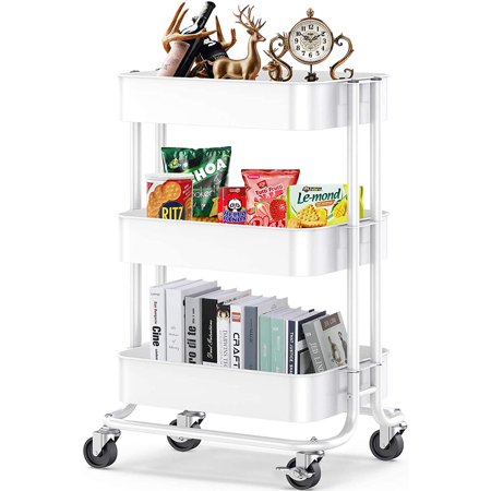 3-Tier Metal Rolling Utility Cart, Multifunction Storage Trolley with 2 Lockable Wheels for Home Office Kitchen(White)