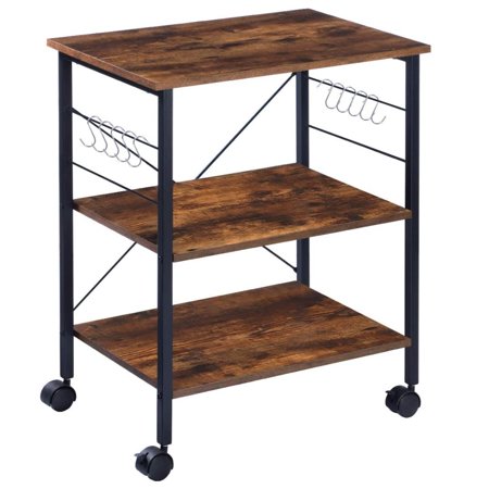 3-Tier Microwave Stand Kitchen Cart with Storage, Coffee Station Cart Bar Cart Bakers Rack, Rolling Kitchen Island Table Storage Shelf Rack, Microwave Cabinet Organizer On Wheels for Living Room, Brown