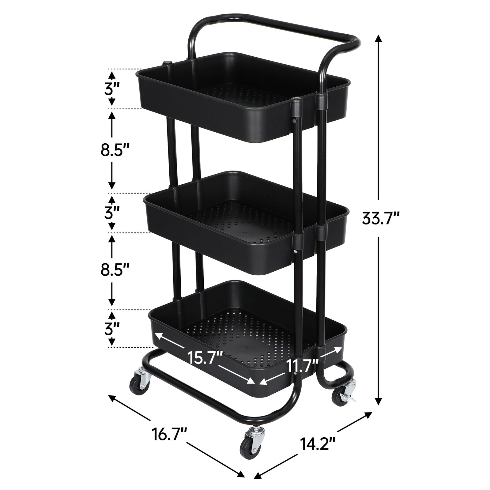 3-Tier Rolling Utility Cart Storage Cart Organizer for Kitchen Bathroom Office