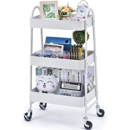 3-Tier Storage Rolling Cart with Wheels Large Storage for Office,Kitchen,Bedroom,Bathroom,White