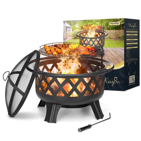 30 Inch Fire Pit BBQ 2 in 1 Wood Burning Fire Pits for Outside, Outdoor Round Fire Pit with Cooking Grate Fire Poker Spark Screen Cover