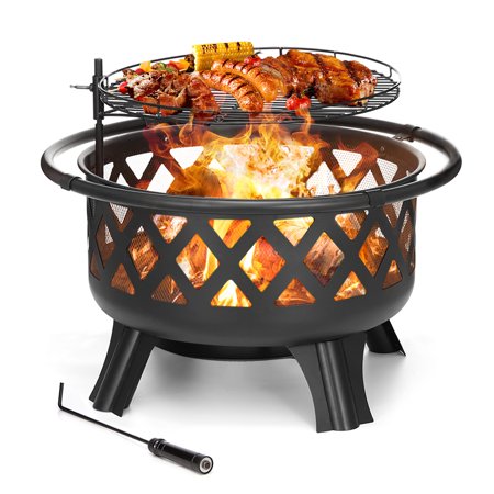 30'' Outdoor Fire Pit with Cooking Grate 2 in 1 Wood Burning Fire Pits with Mesh Lid & Poker, BBQ Grill Firepit for Patio Backyard Garden Camping