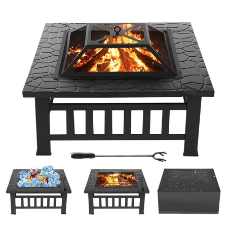 32 inch Fire Pit Table for Outside Square Outdoor Fire Pit Wood Burning BBQ Tabletop Firepit Metal Stove Bonfire Pit for Patio Backyard Garden Camping with Cover,Spark Screen,Log Grate,Poker