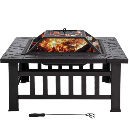 32 inch Outdoor Metal Firepit Square Table Backyard Patio Garden Stove Wood Burning BBQ Grill Fire Pit with Spark Screen,Wood...