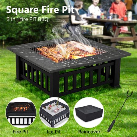 32" Outdoor Metal Firepit Backyard Patio Garden Square Stove Fire Pit With cover