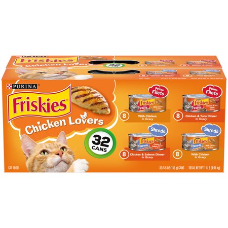 (32 Pack) Friskies Gravy Wet Cat Food Variety Pack, Chicken Lovers Prime Filets & Shreds, 5.5 oz. Cans