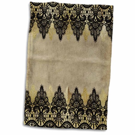 3dRose Vintage Design Black and Gold Floral Lace on Grunge Paper - Towel, 15 by 22-inch