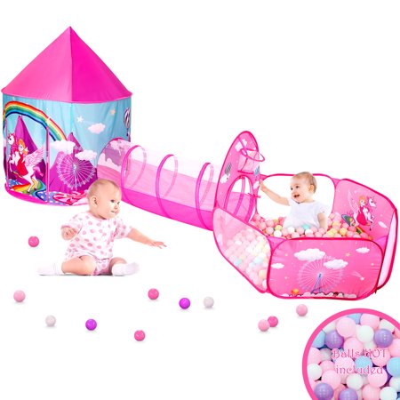 3pc Girls Princess Castle Ball Pit for 3 6 Years Kids Toddlers Play Tent with Crawl Tunnel Indoor Outdoor