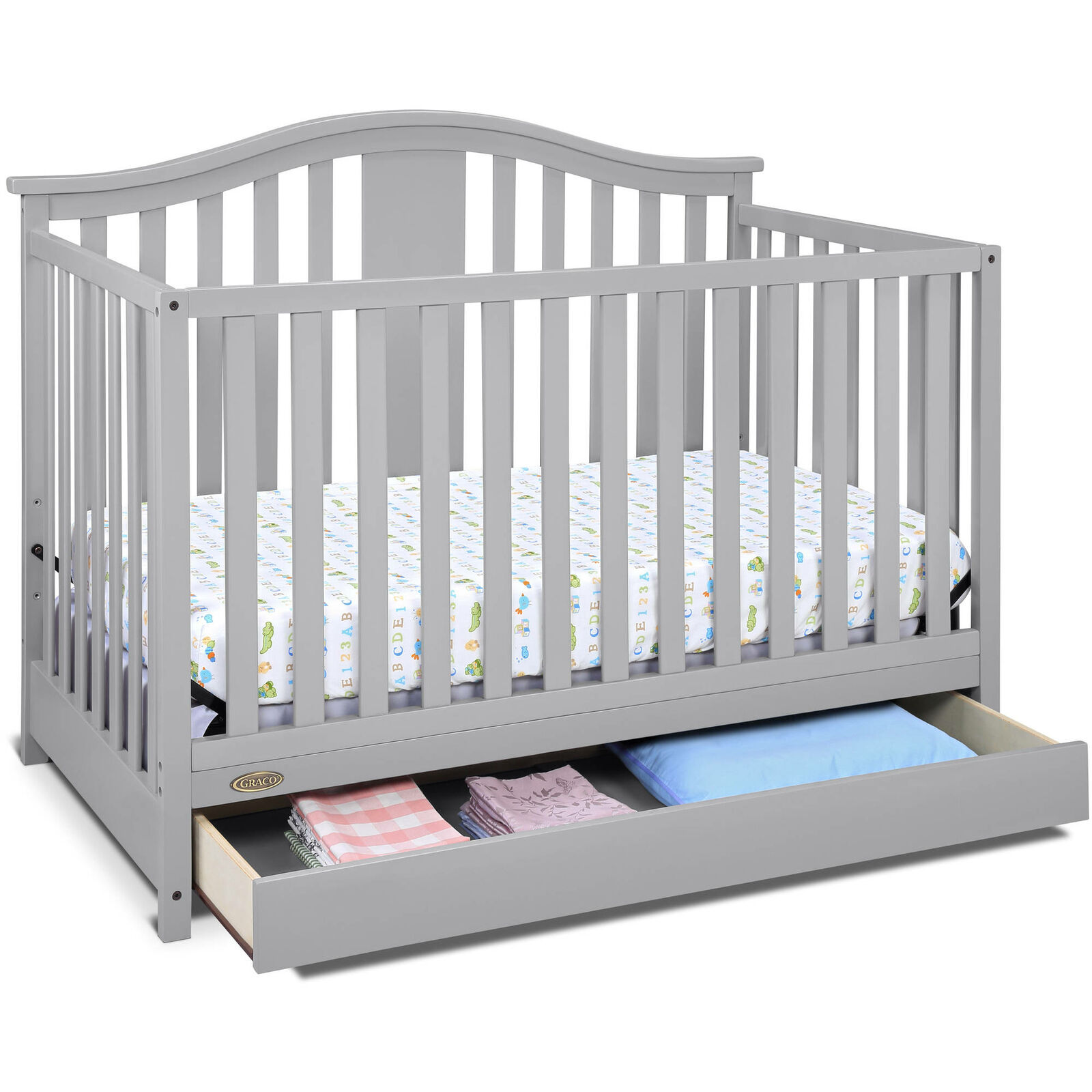 4 in 1 Convertible Baby-to-Toddler Bed Crib with Drawer Gray Nursery Furniture