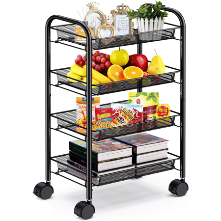 4-Tier Metal Wire Rolling Storage Cart with Basket ,Multifunction Utility Storage Trolley for Home Office Kitchen(Black)