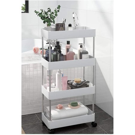 4 Tier Slide Out Storage Cart, Bathroom Storage Organizer Rolling Utility Cart, 34" ABS Storage Cart with Wheels Mobile Shelf Units for Bathroom Kitchen Bedroom Laundry