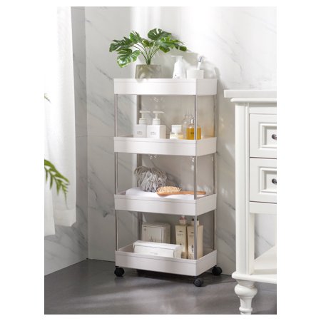 4-Tier Storage Cart Rolling Utility Cart Storage Shelf Rack Mobile Storage Organizer Shelving for Office, Kitchen, Bedroom, Bathroom, Laundry Room & Dressers, Plastic & Stainless Steel, 34.3 in, White