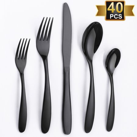 40-Piece Silverware Set, JOW Stainless Steel Flatware Set Service for 8, Tableware Cutlery Set for Home and Restaurant, Knives Forks Spoons, Mirror Polished, Dishwasher Safe (Black)