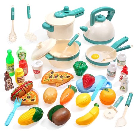 40PCS Kids Kitchen Pretend Play Toys Cooking Set with Pots and Pans Cookware Cutting Play Food Great Gift for Toddles Infant Boys Girls Play Inside