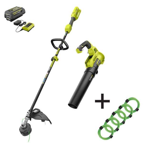 40V Cordless Attachment Capable String Trimmer and Leaf Blower w/ Extra 5-Pack of Pre-Cut Line, 4.0Ah Battery & Charger