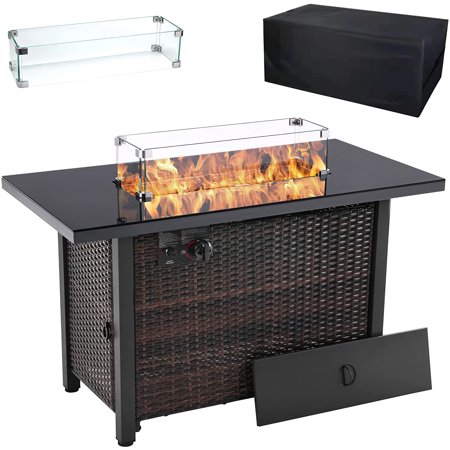 43 inch 50,000 BTU PE Rattan Propane Fire Pit Table Auto-Ignition Outdoor Gas Fire Tables Courtyard Terrace Gardens
