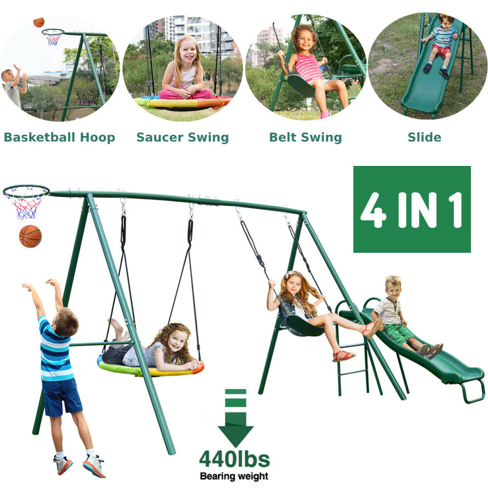 440lbs Metal Swing Set Outdoor Playground Kids Playset Slide Heavy Duty Steel US