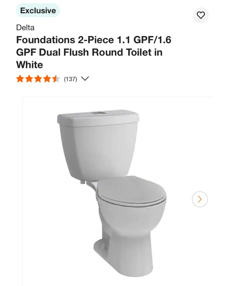 Delta Foundations 2-Piece Dual Flush Round Toilet Was- $179 Now- $45!