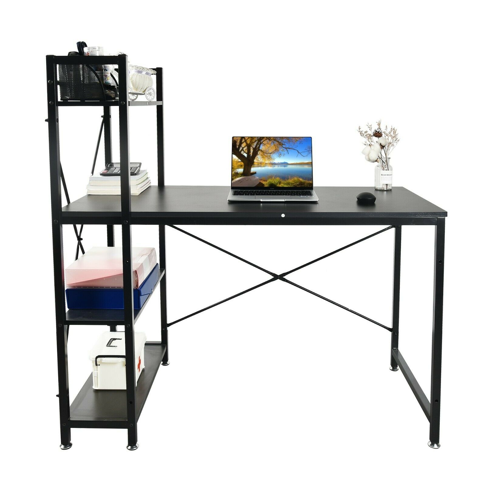 47" Computer Desk Home Office Study Writing Desk With Storage Shelf 4-Tiers