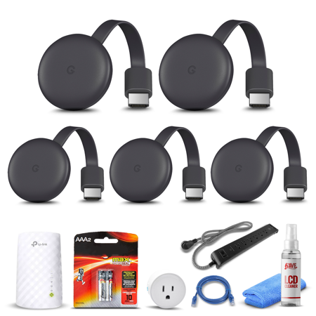 (5) Google Chromecast Streaming Device (3rd Gen) + WiFi Smart Plug + Ethernet Cable + 2x AAA Batteries + WiFi Extender + Surge Protector + LCD Cleaner