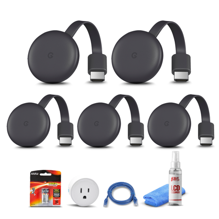 (5) Google Chromecast Streaming Device (3rd Gen) + WiFi Smart Plug + Ethernet Cable + 2x AAA Batteries + LCD Cleaner