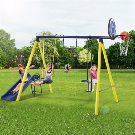 5 in 1 Super Outdoor Tolddler Swing Set for Backyard, Playground Swing Sets with Steel Frame, Swing Side Playset for Kids with Seesaw Swing, Basketball Hoop, Clubhouse and Sandbox, Gift for Ages 3-16
