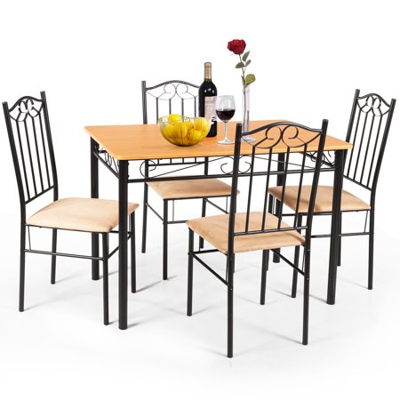 5 PC Dining Set Wood Metal Table and 4 Chairs Kitchen Breakfast Furniture New