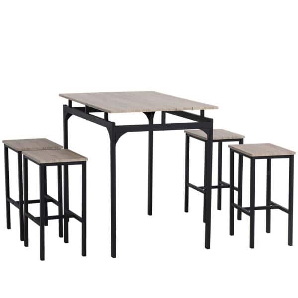5-Piece Grey Modern Kitchen Table Set with Footrests and Metal Legs