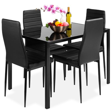 5-Piece Kitchen Dining Table Set with Glass Tabletop, 4 Faux Leather Chairs, Black