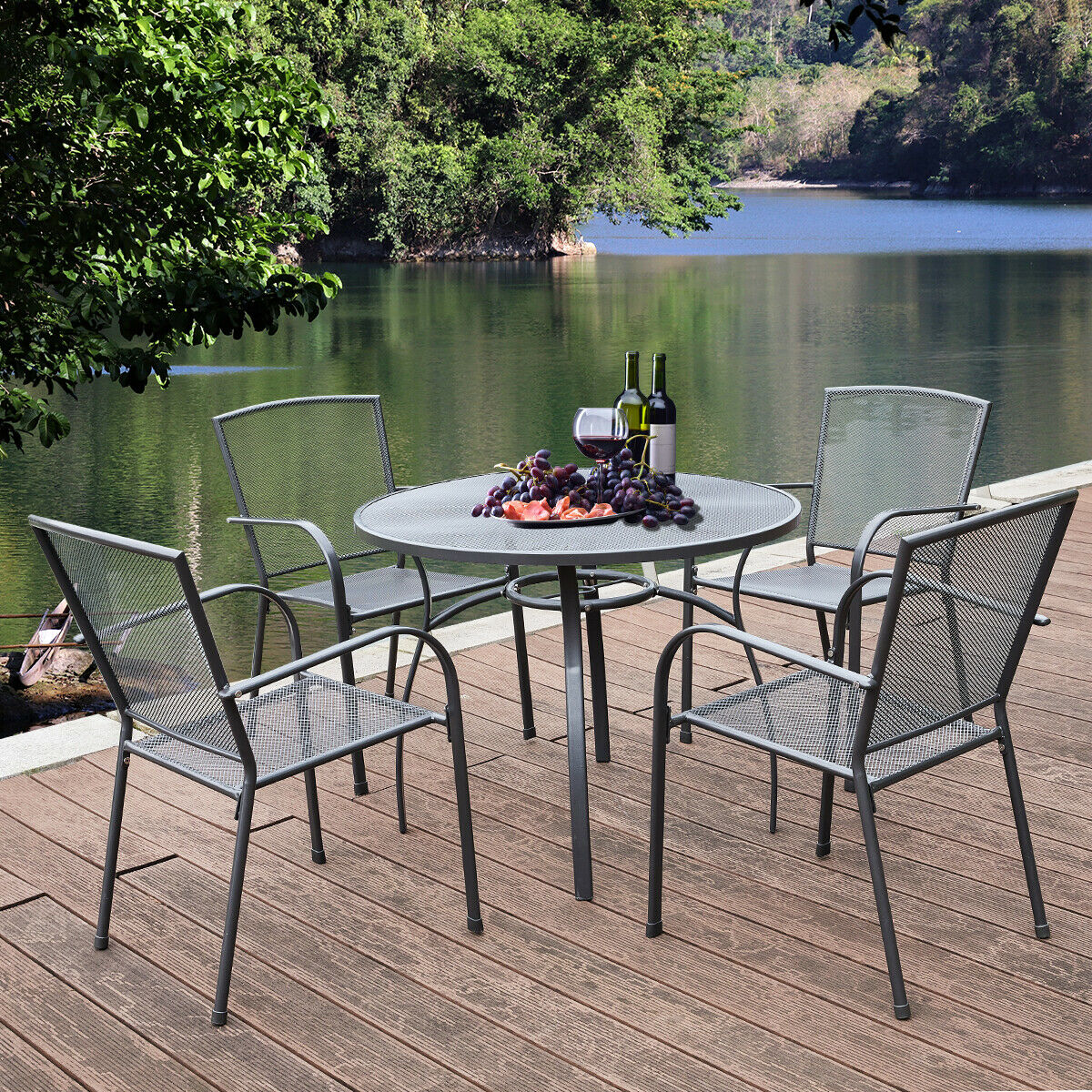 5-Piece Metal Outdoor Dining Set W/ Round Table 4 Chairs Patio Furniture Grey