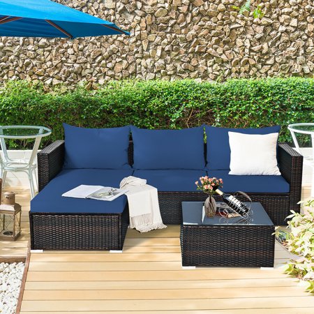 5 Pieces Patio Rattan Furniture Set Sectional Conversation Sofa with Coffee Table, Navy