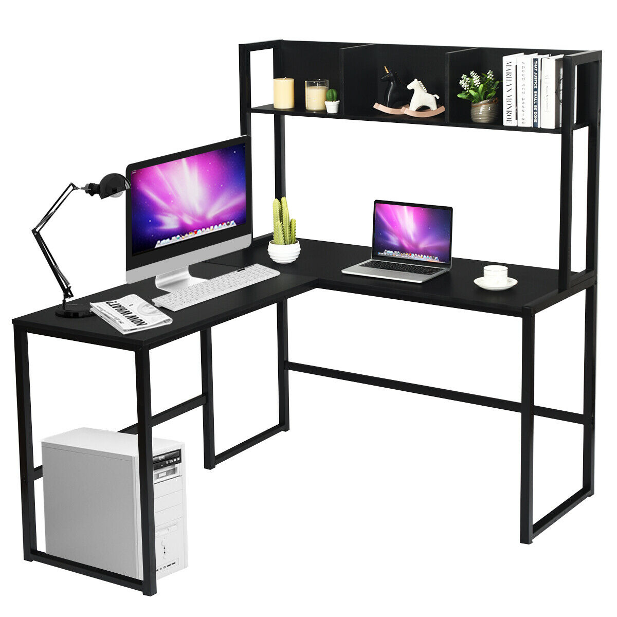 55" L-Shaped Desk Corner Computer Desk Writing Workstation Table w/Hutch Black