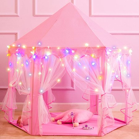 55" x 53" Princess Tent Star Lights, Girls Large Pink Playhouse, Kids Castle Play Tent for Children Indoor and Outdoor Games