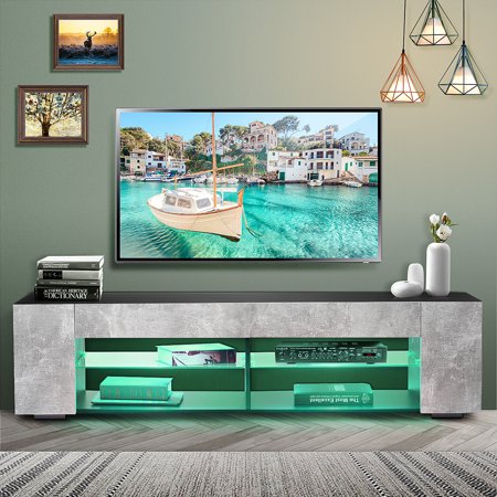57-Inch TV Stand Media Console Cabinet, for TVs up to 65", W/ Remote RGB LED Light and Open Glass Storage Shelves