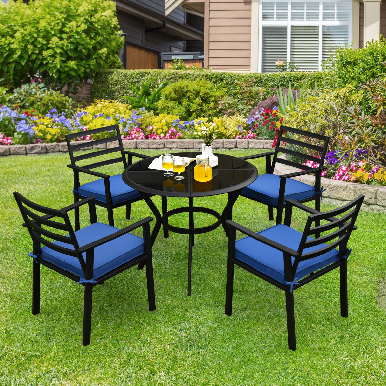 5PCS Patio Dining Table & Chair Set Outdoor Cushioned Conversation Set
