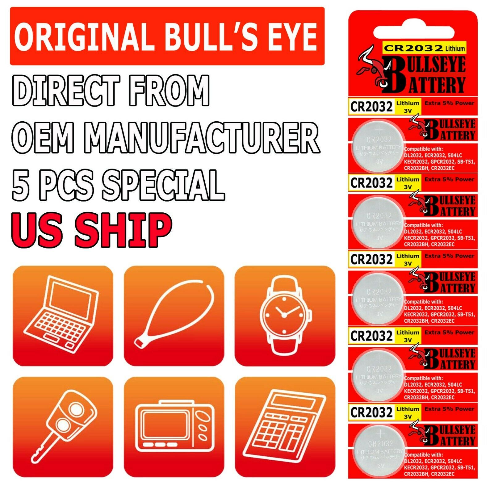 5X Original Bull's Eye CR2032 CR 2032 3V LITHIUM BATTERY BR2032 DL2032 EXP.2032