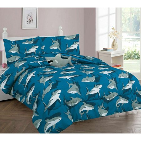 6-PC TWIN SHARK BLUE Complete Bed In A Bag Comforter Bedding Set With Furry Friend and Matching Sheet Set for Kids
