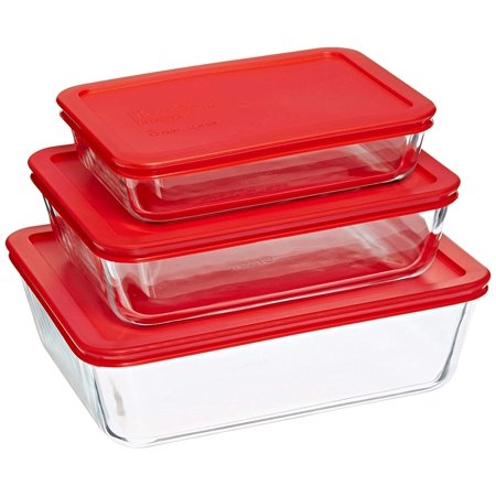 6 Piece Bakeware/Cookware Set with Red Plastic Covers, Easy to clean and dishwasher safe By Pyrex