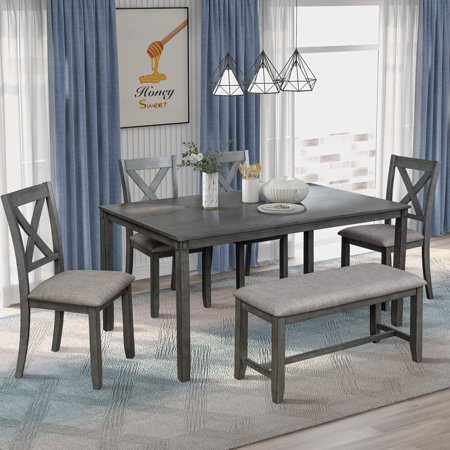 6 Piece Dining Table Set, Modern Home Dining Set with Table, Bench & 4 Cushioned Chairs, Wood Rectangular Table and Chair Set, Oak Finish Kitchen Table Set for Dining Room - Gray, B1140