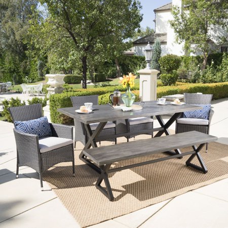 6-Piece Gray Wicker Finish Aluminum Outdoor Furniture Patio Dining Set - Silver Cushions