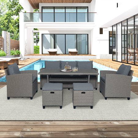 6 Piece Outdoor Wicker Sets, Rattan Wicker Patio Furniture Set with 3-Seat Sofa, Wicker Chair, Stools, Dining Table, All-Weather Patio Conversation Set with Cushions for Backyard, Garden, Pool, L4841