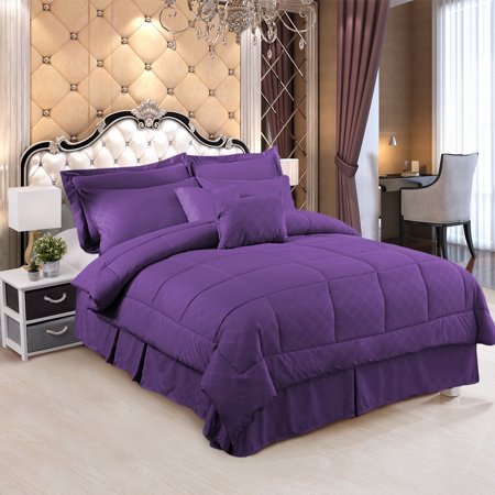 8 Pieces Bed in A Bag Bedding Comforter Set,Quilted Diamond Pattern, Twin,Purple