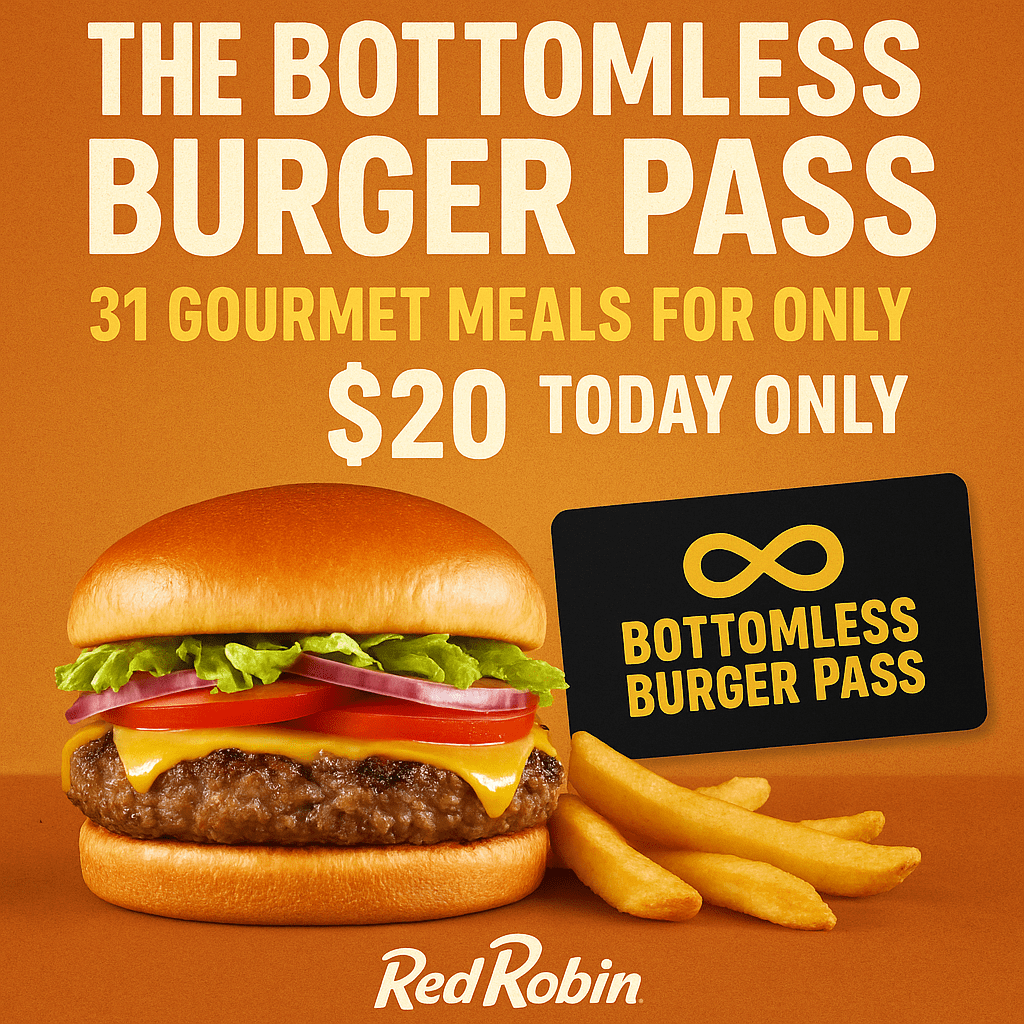 Red Robin Today Only Bottomless Burger Pass Only $20 GO GO GO!