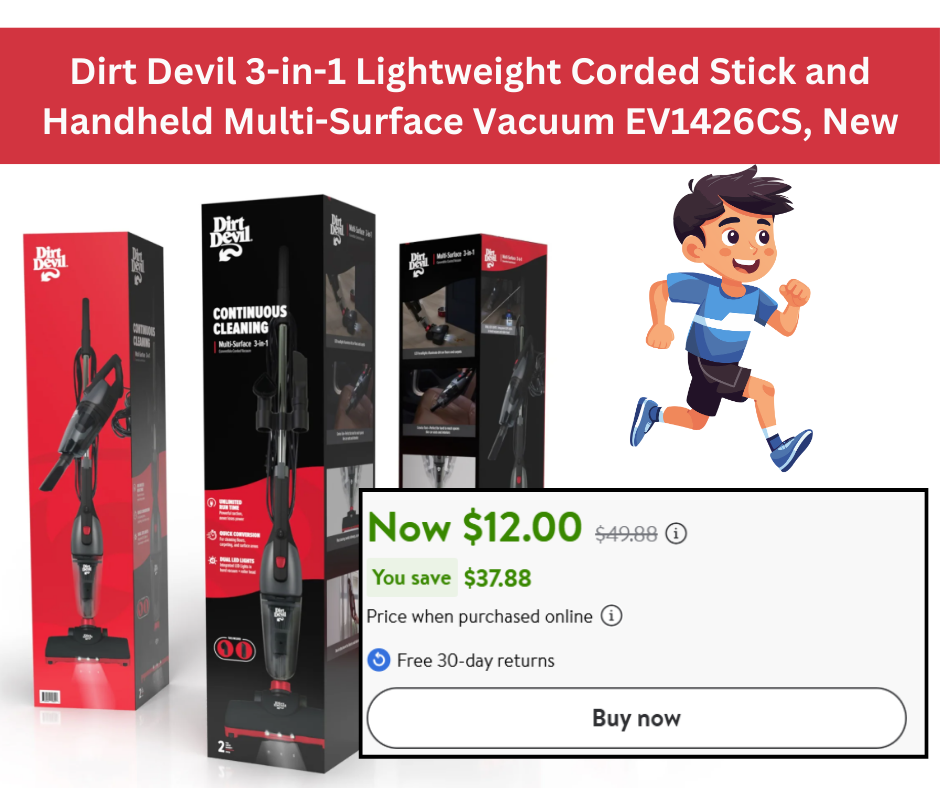 Dirt Devil 3 in 1 Lightweight Corded Stick and Handheld Multi Surface Vacuum EV1426CS, New