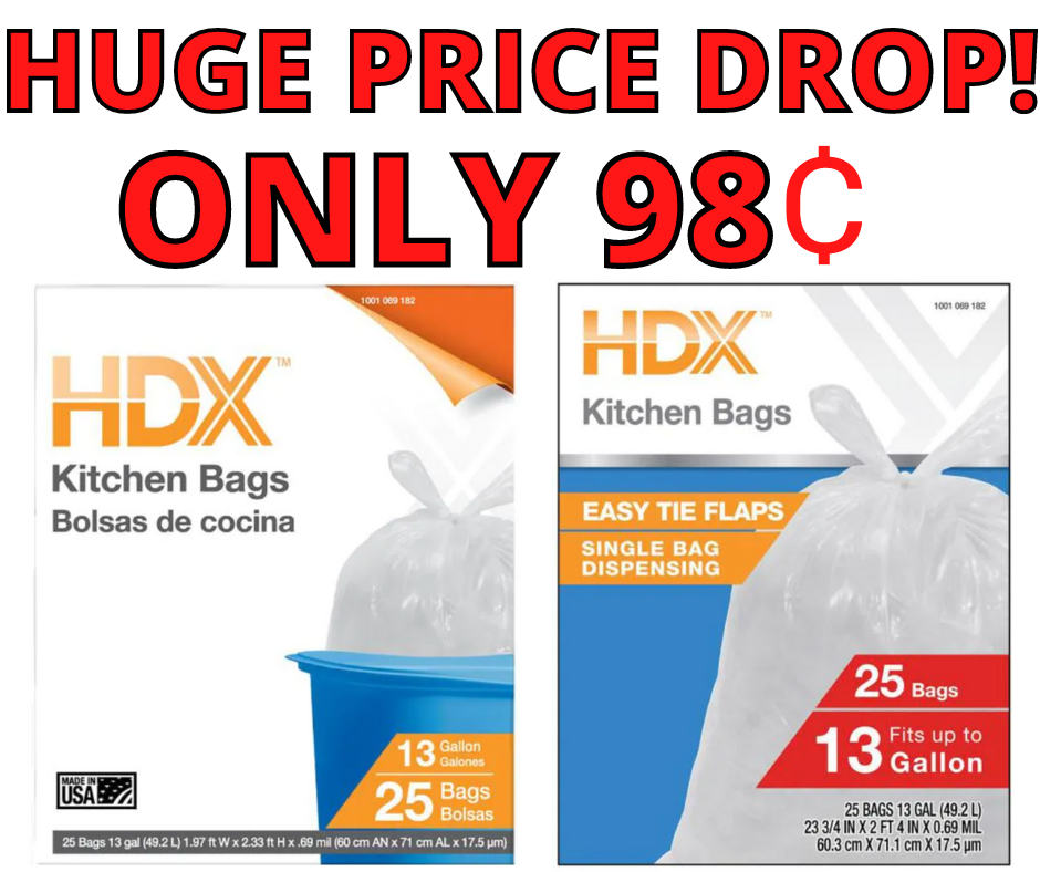 HDX Kitchen Trash Bags ONLY 98¢